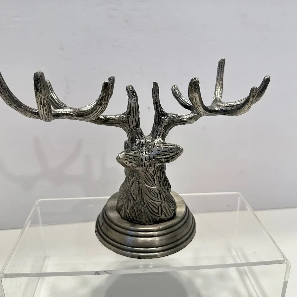 Pottery Barn Silver Pewter Metal Stag Deer Head Antler Figure Rustic Lodge Decor